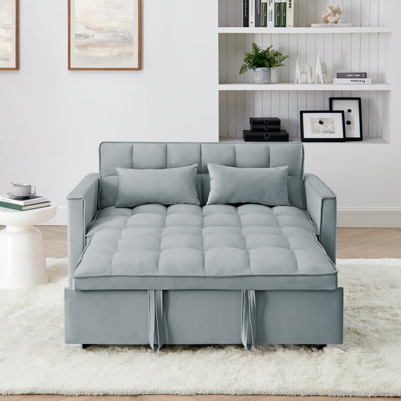 Convertible Sofa Bed with Adjustable Back, Velvet, 3 Positions, Light Gray, 54 Inch