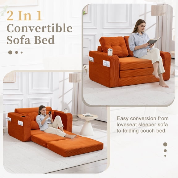 Convertible Sofa Bed with Pillows, Expandable Double Floor Couch for Living Room Bedroom Lounge, 2 in 1 Fold Out Sofa Bed, Orange Corduroy