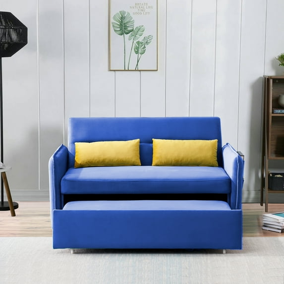 Convertible Sofa Bed with Pull Out Bed - 54" Tufted Velvet Loveseat Sleeper Sofa, Dark Blue