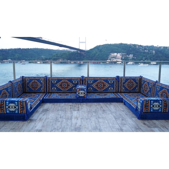Convertible Sofa, Blue Arabic Majlis Floor Seating, Futon Sofa Bed, Sleeper Sofa Bed for Living Rooms, U Shaped Floor Cushions,