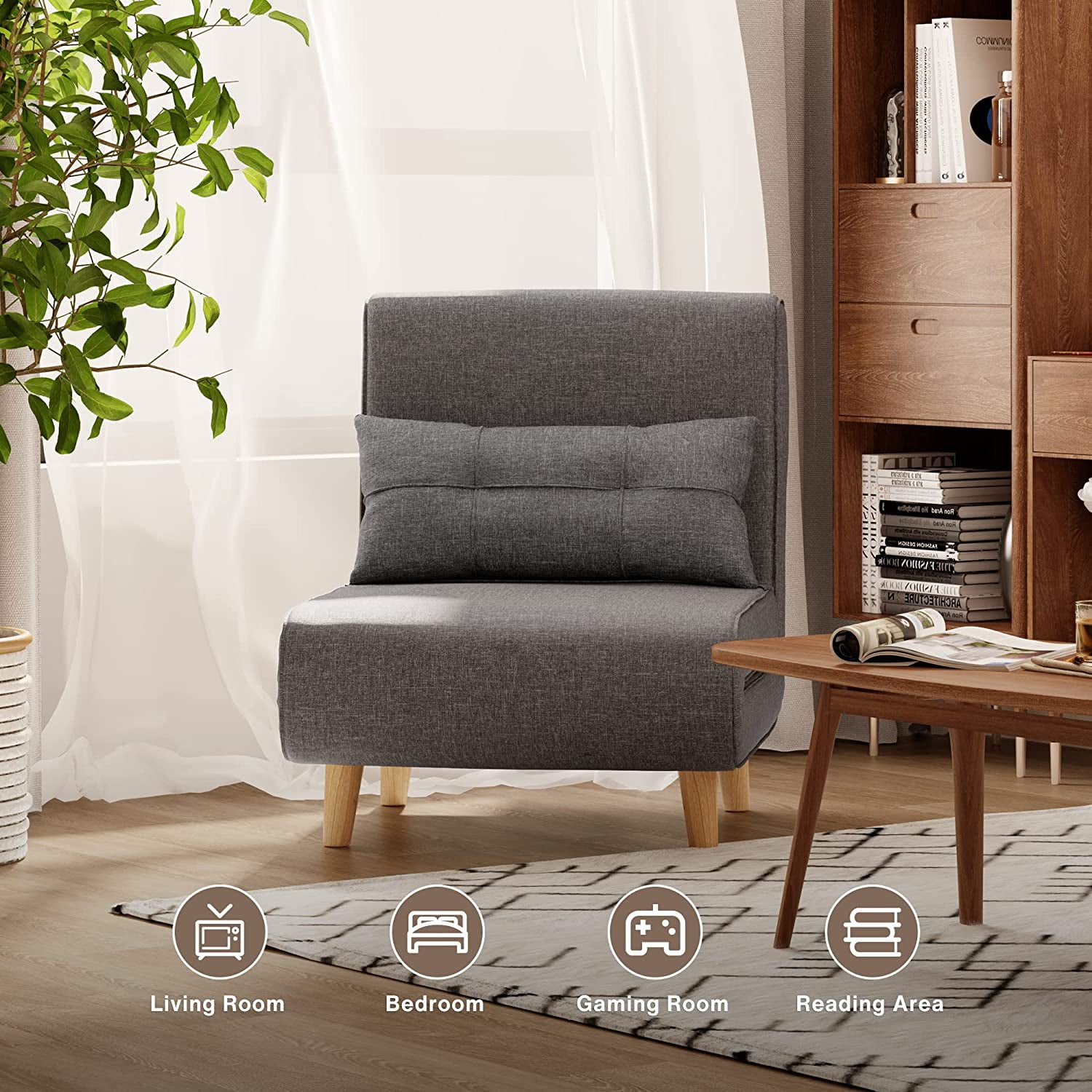 Convertible Sofa Chair Bed with Wood Legs for Livingroom, Bedroom, Dark