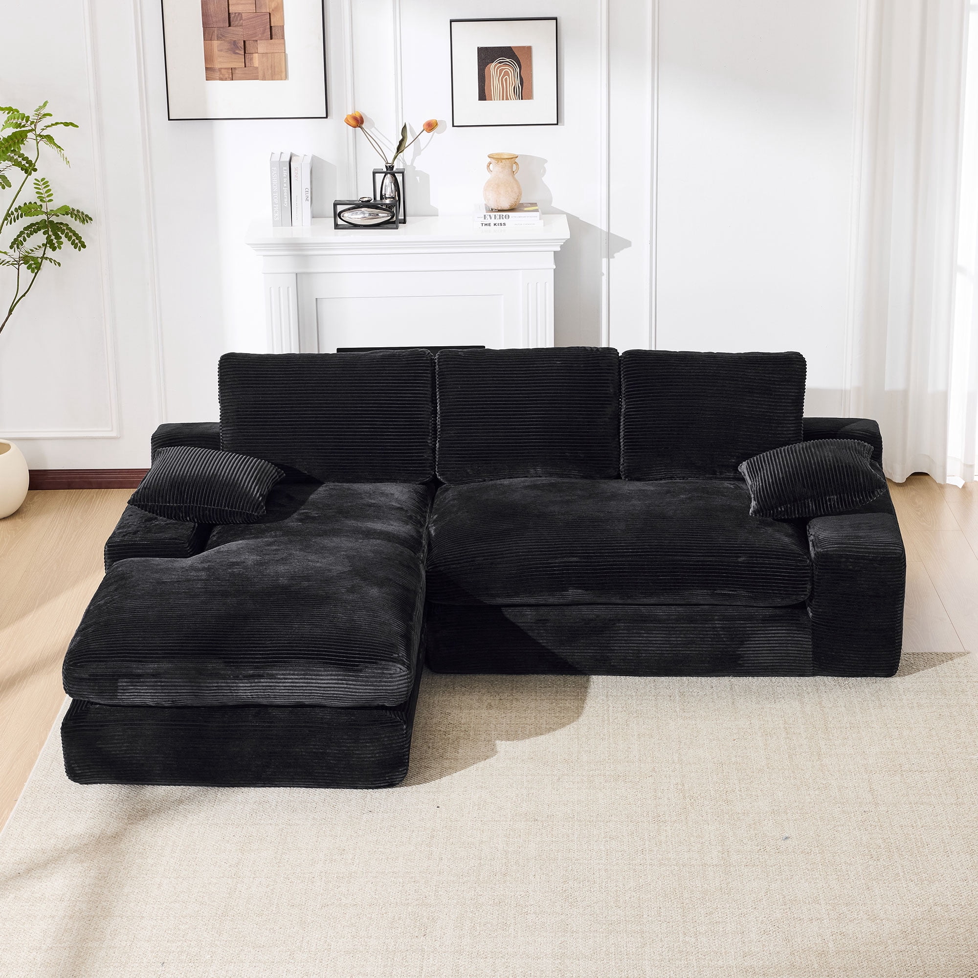 Convertible Sofa, Corduroy Compressed Sofa Bed, 3-Seat Sleeper Couch with 3 Back Cushions and 2 Throw Pillows, Soft Skin-Friendly Fabric, Wide Seat for Living Room Apartment, Black