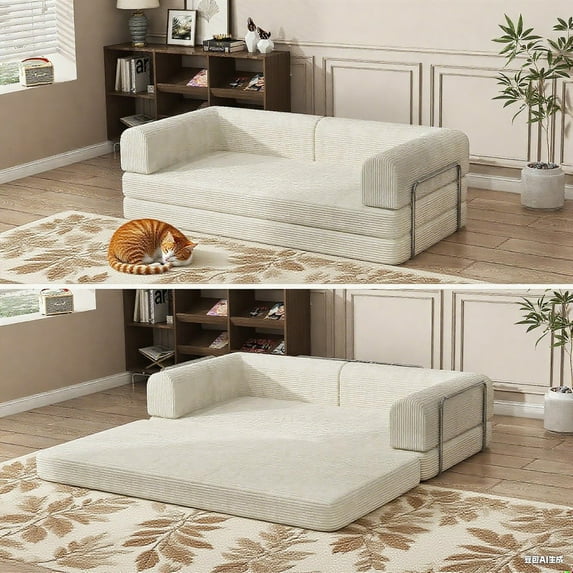 Convertible Sofa Couch Sleeper Sofa Bed w/Corduroy Fabric, 78.5'' Foldable Upholstered Compressed Floor Couch for Living Room, Apartment No Assembly Required (Beige)