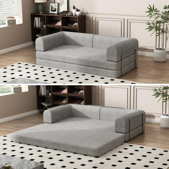 Convertible Sofa Couch Sleeper Sofa Bed w/Corduroy Fabric, 78.5'' Foldable Upholstered Compressed Floor Couch for Living Room, Apartment No Assembly Required (Gray)