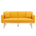 thumbnail image 1 of Convertible Sofa Sleeper with 2 Pillows, Accent Velvet Sofa Upholstered Couch Loveseat with Adjustable Backrest and Golden Metal Legs, Futon Sofa Bed with Square Arm for Living Room, Yellow Teddy, 1 of 7