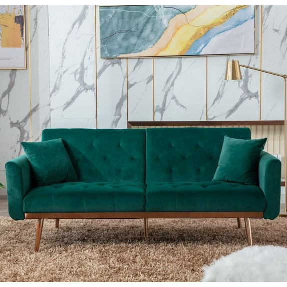 Convertible Sofa Sleeper with 2 Pillows, Accent Velvet Sofa Upholstered Couch Loveseat with Adjustable Backrest and Golden Metal Legs, Futon Sofa Bed with Square Arm for Living Room, Green