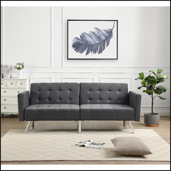 Convertible Split-Back Sofa Bed  Linen Loveseat Sleeper for Small Spaces Living Room Bedroom | Dark Gray | Linen | Wood