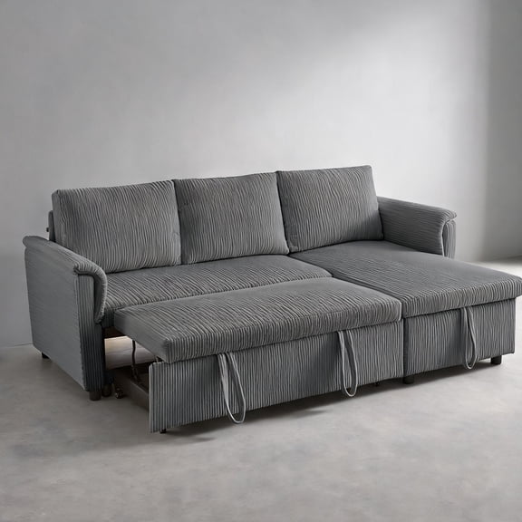 Convertible Storage Loveseat with Chaise, Living Room Sleeper Sofa, Neutral Gray Corduroy, L-Shaped Modular, Pull-Out Bed, Reclining Backrest
