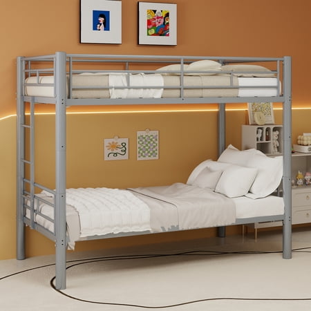 Convertible Twin Metal Bunk Bed Frame, Heavy-Duty Iron Build, Detachable into Two Twin Beds, Space-Saving Design with High Weight Support 400 lbs, Silver.