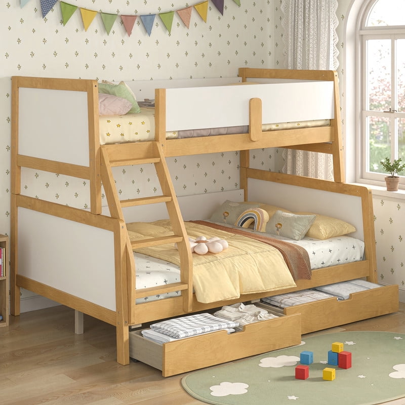 Convertible Twin-Over-Full Wood Bunk Bed Split into 2 Platform Beds, Storage Kids Bed Frame with Under-Bed Drawers