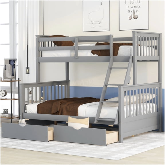 Convertible Twin over Full Bunk Bed with Storage Drawers, Space Saving Bunk Bed Frame with Ladder, Solid Wood Build, Gray Finish