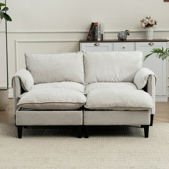 Convertible U-Shaped Modular Sofa with Storage Footstools, 2-Seater Combination Couch for Living Room, Bedroom, Office or Small Space, Modern Upholstered Sectional Sofa, Beige