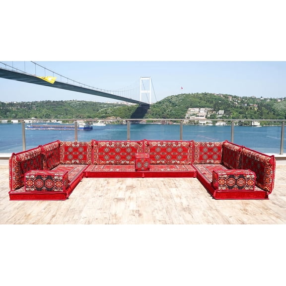 Convertible U Shaped Red Sofa, Floor Pillows, Turkish Sofa Seating, Sleeper Sofa, Arabic Majlis, Floor Cushion Seating, Sofa Couch