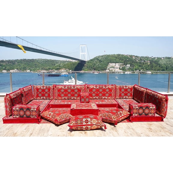 Convertible U Shaped Red Sofa, Floor Pillows, Turkish Sofa Seating, Sleeper Sofa, Arabic Majlis, Floor Cushion Seating, Sofa Couch