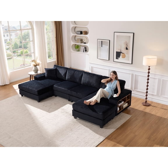 Convertible U Shaped Sectional Sofa with Chaise Lounge Corduroy Fabric Modern 4 Seat Living Room Couch for Small Spaces Black