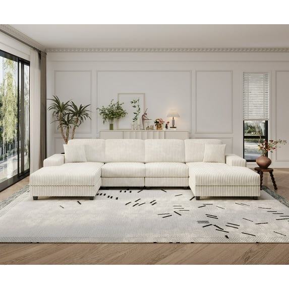 Convertible U-shaped Combination Sofa, Corduroy Fabric, Modern Comfortable Large Size 4 Seat Sofa, Living Room Double Lounge Chair (Beige)