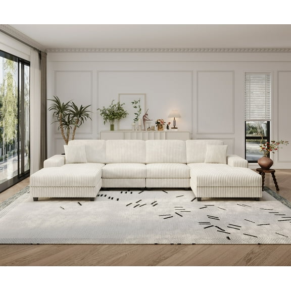 Convertible U-shaped Combination Sofa, Corduroy Fabric, Modern Comfortable Large Size 4 Seat Sofa, Living Room Double Lounge Chair (Beige)