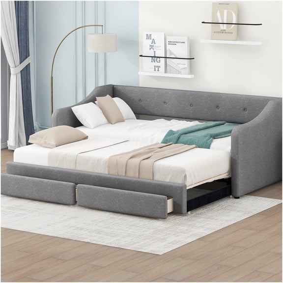Convertible Upholstered Daybed with Storage Drawers, Twin XL to King Size Bed Frame, Gray Linen