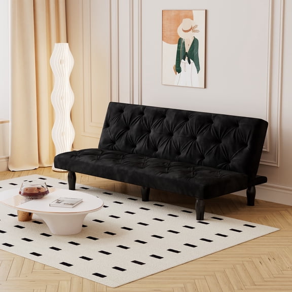 Convertible Velvet Futon Sofa Bed, Adjustable Backrest Sleeper Loveseat Couch, Multi-Functional Foldable Sofa for Apartment Bedroom Dorm Office, Available in Black & Blush Pink