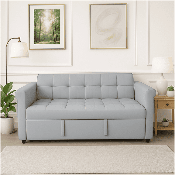 Convertible Velvet Loveseat Sofa Bed, Gray Pull-Out Sleeper Couch with Side Pocket and Scroll Arms for Small Spaces
