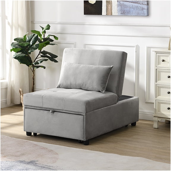 Convertible Velvet Ottoman Sofa Bed, Gray Foldable Sleeper Chair for Small Spaces, Multi-Functional Furniture for Living Room, Office, Dorm