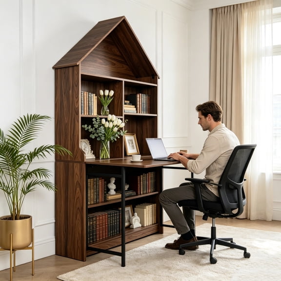 Convertible Wall Mount Hideaway Fold Down Craft Desk with Arched Storage Shelves, Multi-Functional Vanity Study Work Table Converts to Bookshelf Anti-Tip Design Space Saving Wall Workstation for Smal