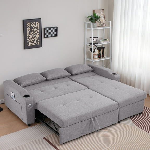 Convertible With Adjustable , Ports, Cup Holders & Storage Chaise, 3 Linen Bed For Living Room 84" Couch Sleeper