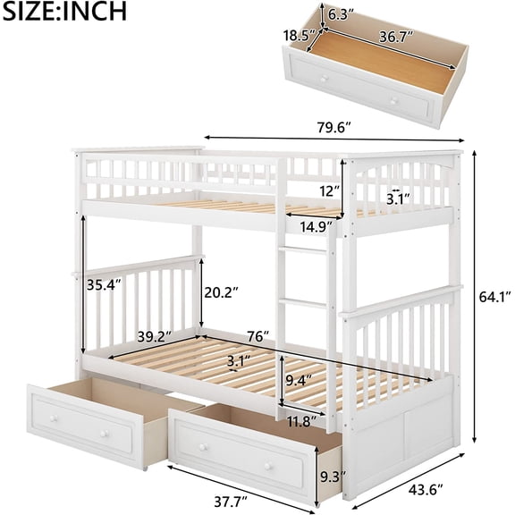 Convertible Wood Twin-Over-Twin Bunk Bed with Storage Drawers and Ladder - Can Be Divided Into Two Daybeds (White)