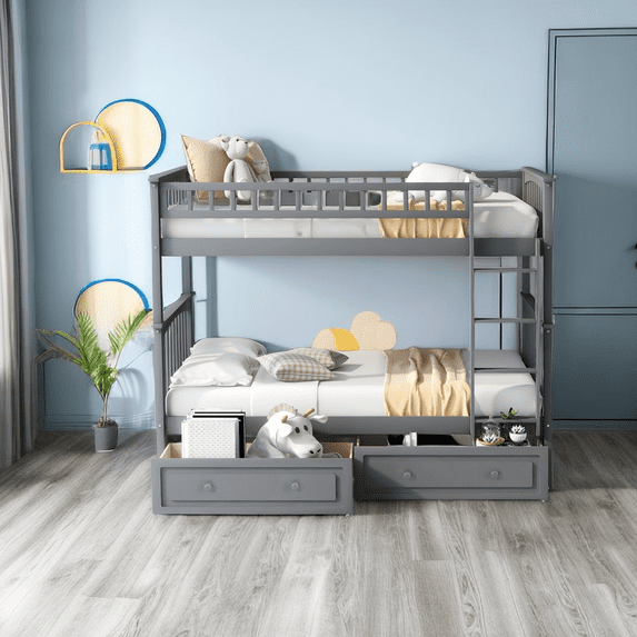 Convertible Wood Twin-Over-Twin Bunk Bed with Storage Drawers and Ladder - Can Be Divided Into Two Daybeds