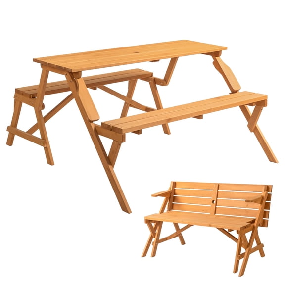 Convertible Wooden Picnic Table And Bench Set With Umbrella Hole – Standard Natural Finish
