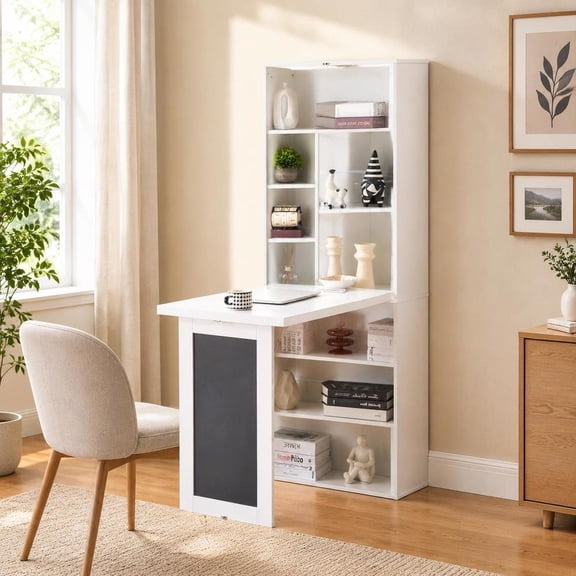 Convertible Writing Desk, fold-out wall mount table cabinet with blackboard, storage shelves, space-saving murphy design, white