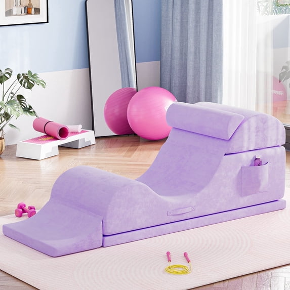 Advwin Convertible Yoga Chaise Lounge Chair, Ergonomic Foam Lounge with Lumbar Pillow, Washable Cover & Side Pocket, Purple