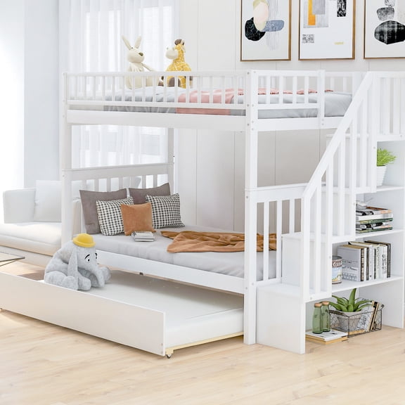 Convertible bunk bed with trundle | Share with 3 people, wood slats support mattress