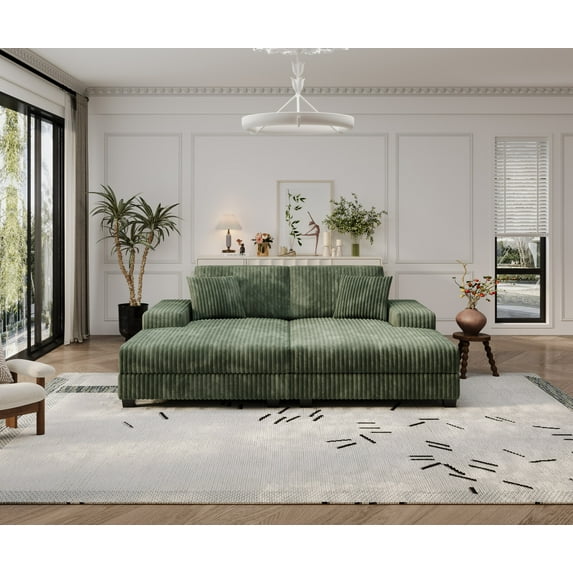 Convertible combination sofa, corduroy fabric, fluffy modern sleeper sofa chair, oversized combination living room double lounge chair (Green)