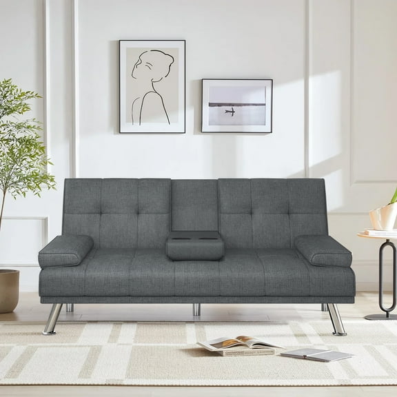 Modern Futon Convertible Sofa Bed with Adjustable Back with Cupholders