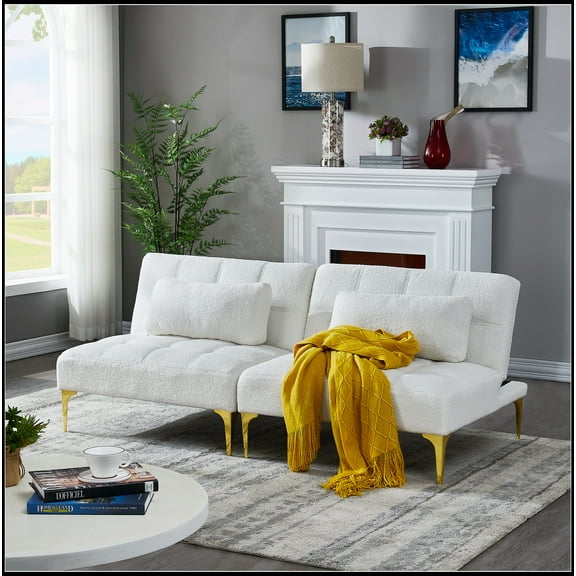 Convertible sofa bed futon with gold metal legs teddy fabric