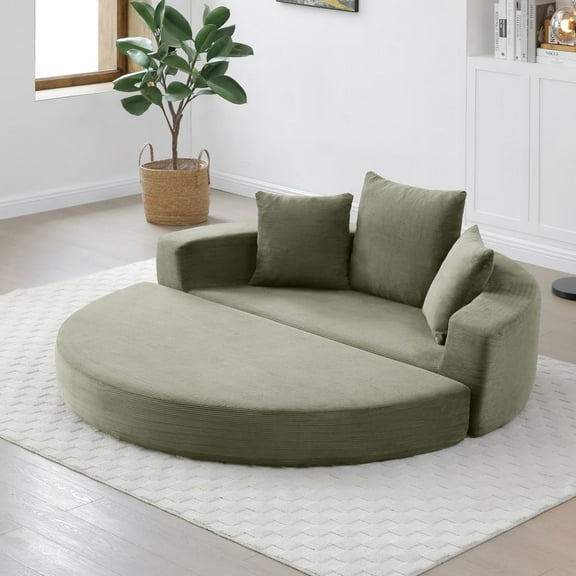 Green Convertible Circular Futon Sofa Bed, 2-Seat Corduroy Foldable Couch for Living Room, Bedroom, Office