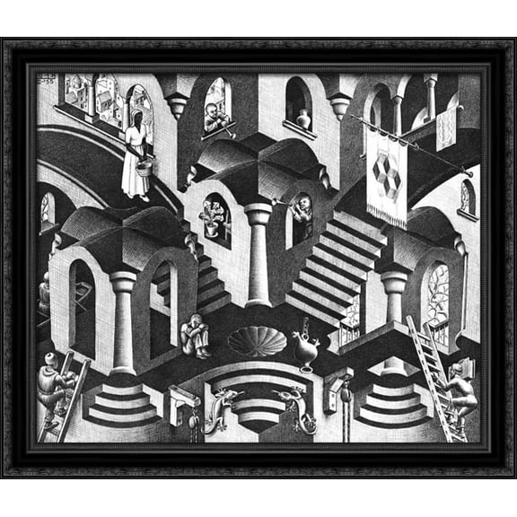 Convex and Concave 32x28 Large Black Ornate Wood Framed Canvas Art by M.C. Escher
