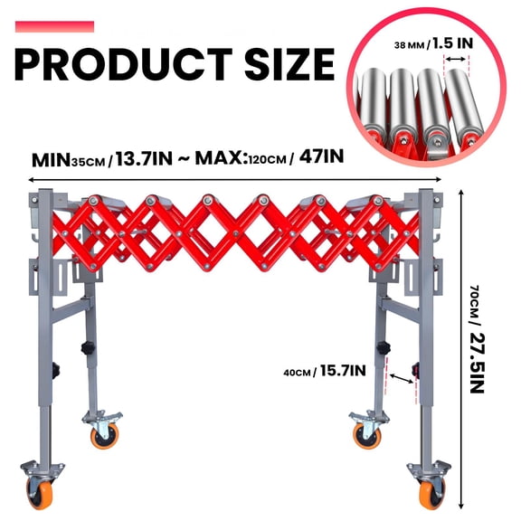 ConveyMax User-Friendly Expandable Roller Conveyor, 220LBS Capacity No-Assembly Movable Belt Conveyor, Adjustable Telescopic Conveyor for Small Business Home Workshop Loading Unloading