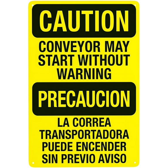 Conveyor May Start Without Warning Bilingual Sign - 8"x12" Vintage Metal Security Sign, Bilingual Decor for Home Business Office Street Road Factory