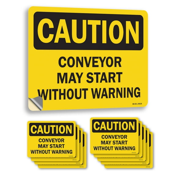 Conveyor May Start Without Warning OSHA Caution Vinyl Decal Label 5 Inch x 3.5 Inch - 10 Pack