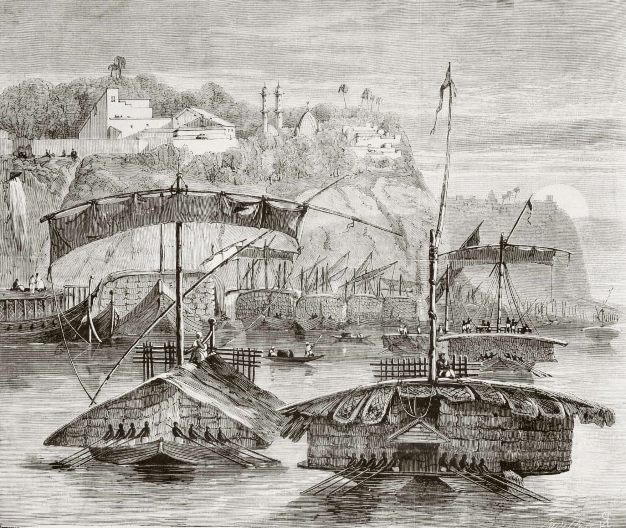 Convoy Of Boats Loaded With Cargoes Of Cotton Descending The Ganges River India In The 1860s From Lunivers Illustre Published In Paris In 1868 Canvas Art - Ken Welsh Design Pics (16 x 13)
