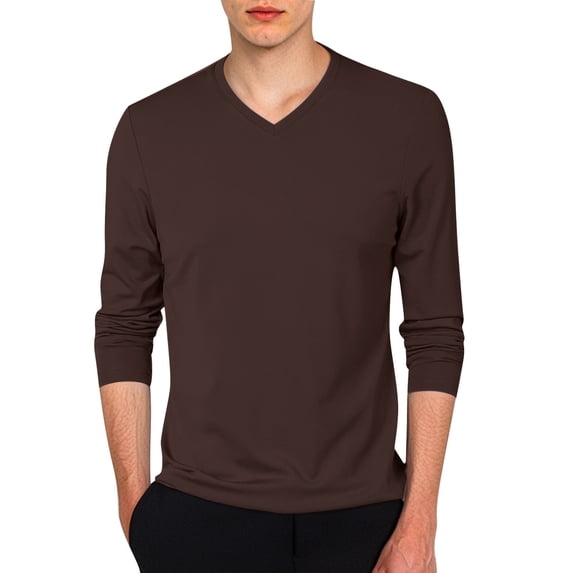 Conzone Mens T Shirt Slim Fit Lightweight V Neck Long Sleeve Solid Color Fashionable Soft Tee Coffee Size Xl