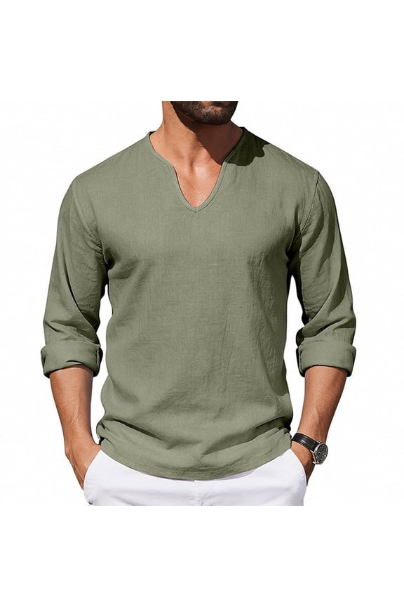 T Shirts For Men Loose Fit Solid Color V Neck Long Sleeve Fashionable Tee Army Green Size L