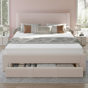 CooHut Queen Bed Frame with Storage Drawers, 12-Slats Solid Wooden Support Bed Frame, Velvet Platform Upholstered Headboard, No Box Spring Needed, Pink