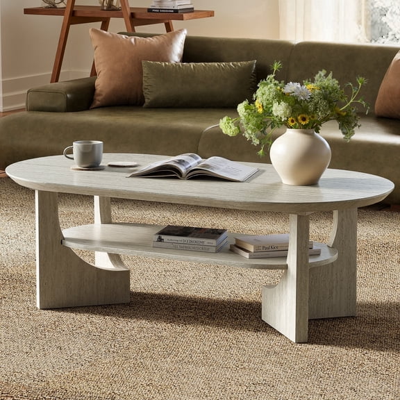 CooLove 47" Mid Century Coffee Table Oval 2-Tier Stone