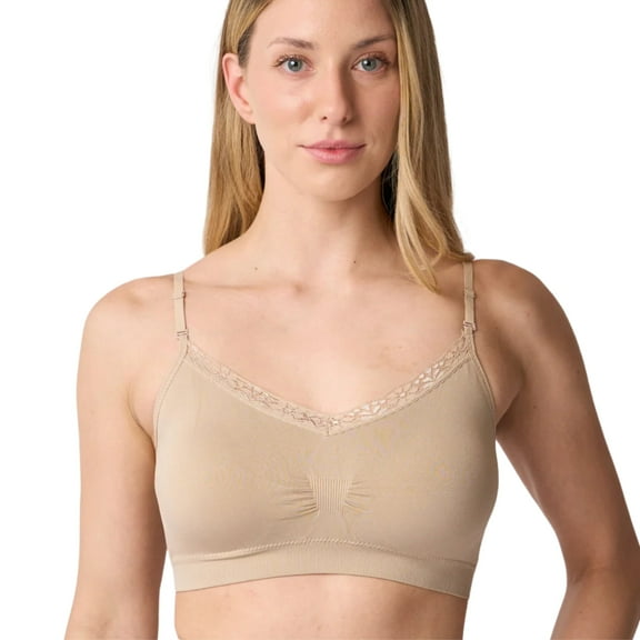 Coobie Seamless V-Neck Lace Trim Bra 9042, Everyday Bra for Women,Light Nude,One Size