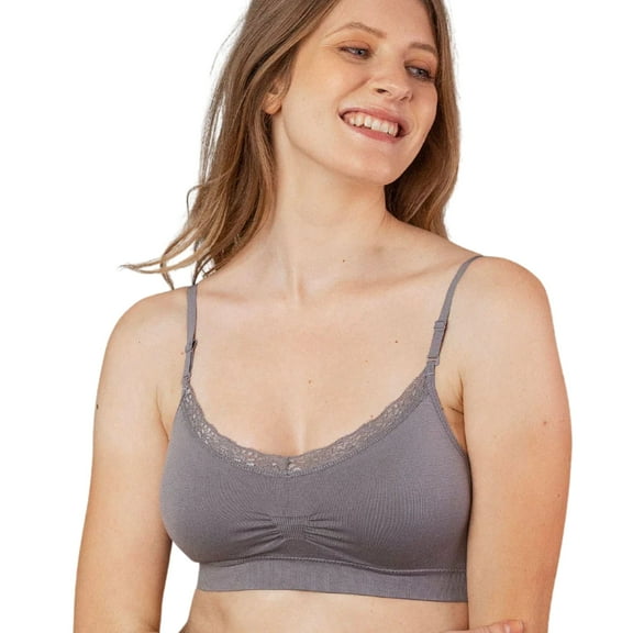 Coobie Seamless V-Neck Lace Trim Bra 9042, Everyday Bra for Women,Med Grey,One Size