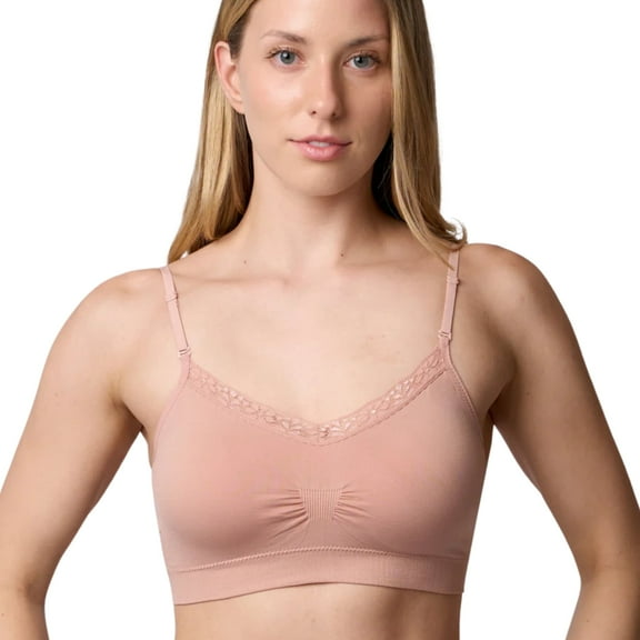 Coobie Seamless V-Neck Lace Trim Bra 9042, Everyday Bra for Women,Rose Dust,One Size