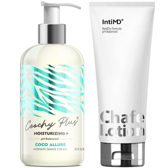 Coochy Plus Coco Allure & Chafe Lotion Kit - Intimate Shave Cream Prevents Razor Burn In-Grown Hair + Chafe Lotion Anti-Chafe Cream, Anti-Rubbing, Friction for Inner Thighs Armpit Running Cycling